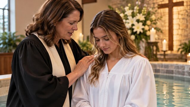 Minister baptizes a young woman in a sacred ceremony. A minister lays a hand on her shoulder while she bows her head. This image represents faith, spiritual commitment, and religious rites