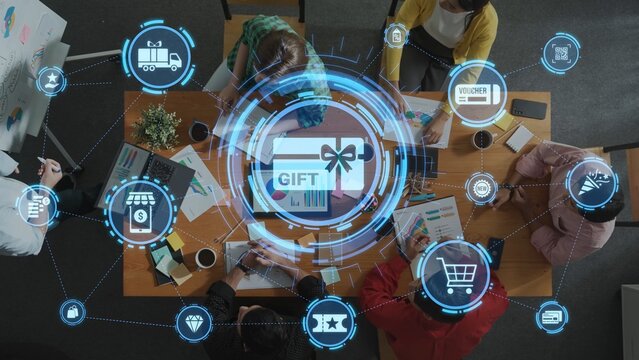 Digital gift card icons show e-commerce, payment, and digital gift card redemption. Digital gift card supports online shopping, secure payment, and customer loyalty programs. Funnel