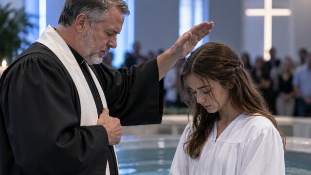Minister baptizes a young woman in a sacred ceremony. A minister lays a hand on her shoulder while she bows her head. This image represents faith, spiritual commitment, and religious rites