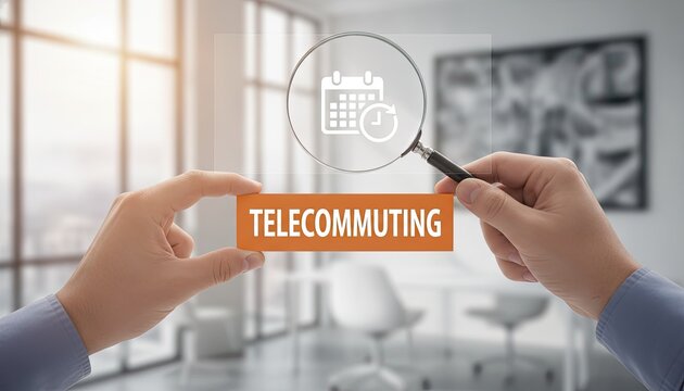Hands hold a magnifying glass over a card with telecommuting text and a calendar clock icon to show remote work trends in an office.