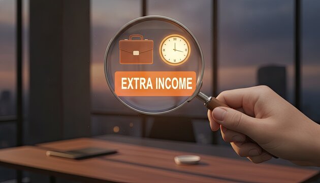 Hand holds a magnifying glass showing the text extra income combined with a briefcase and a clock icon to signify side employment.
