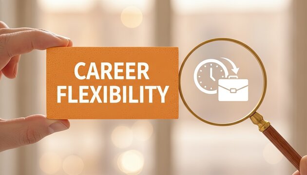 Hand holds a magnifying glass over a block with the text career flexibility which includes a briefcase and a clock icon near it.