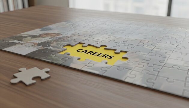 Jigsaw puzzle features a vibrant yellow piece in the center with careers written boldly to symbolize professional development paths.