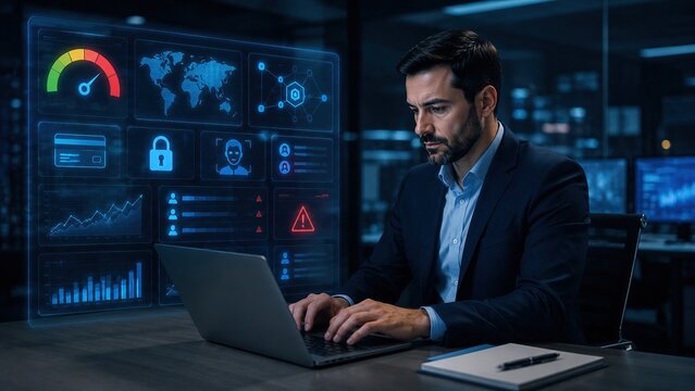 Risk analyst using AI fraud scoring dashboard.