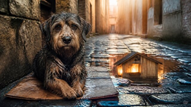 A wet, sad dog lies on a piece of cardboard in the rain. The street lights reflect in puddles on the dark, rainy city ground. This evocative image captures themes of abandonment banner format