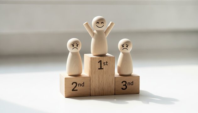 One happy wooden figure stands on a podium while two sad wooden figures occupy the second and third positions on the wooden stand.