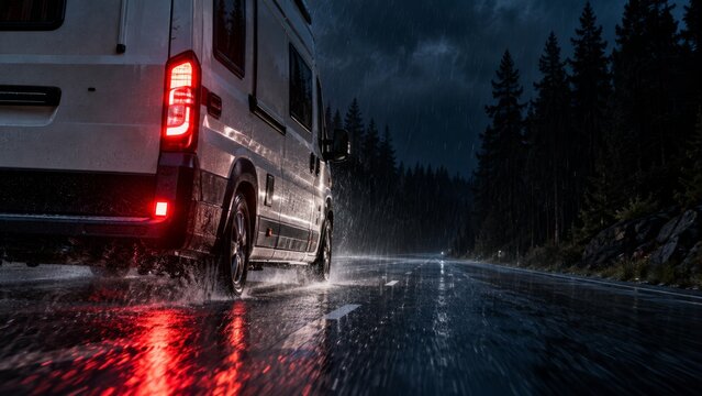 White camper van drives through heavy rain on a dark, wet road at night. The vehicles red taillights reflect brightly on the saturated asphalt, creating a dramatic and moody scene