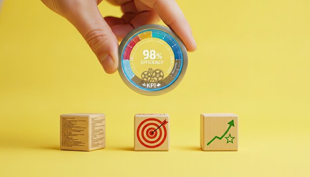 Hand holding a digital gauge showing ninety eight percent efficiency above wooden blocks with icons for targets and growth progress.