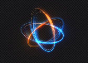 A glowing atomic orbit, formed by bright blue and orange lines, creates a dynamic energy effect suitable for science, technology, science fiction, and game design. © Valeriia