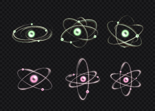 A set of glowing atomic symbols featuring orbital lines and small electron particles, suitable for science, physics, chemistry, technology, and educational design.