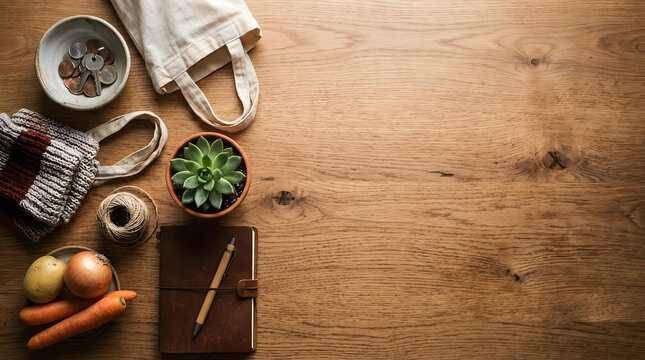 Rustic wooden table display with fresh produce, handcrafted tools, and woven textiles, concept for community support network, local business branding and collaborative project promotion