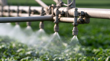Fototapeta premium Agricultural pivot irrigation system spray water over green crops in a field, modern farming technology for crop growth and harvest yield