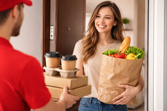 Grocery and Food Delivery to Smiling Woman at Home