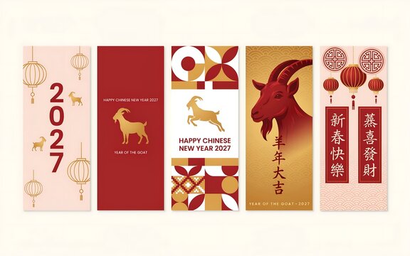 Set of five vertical banners celebrating the Chinese New Year 2027 Year of the Goat with traditional motifs