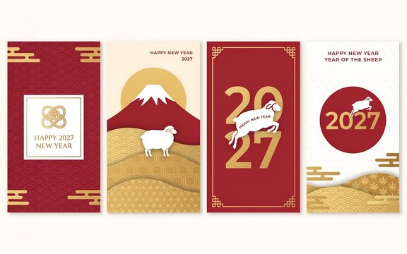 Set of four Japanese New Year greeting cards for the year of the sheep in 2027 featuring Mount Fuji and traditional patterns