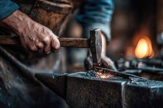 Skilled blacksmith using hammer to shape glowing metal on an anvil, with sparks flying in a warm, atmospheric workshop, showcasing traditional craftsmanship and dedication to the art