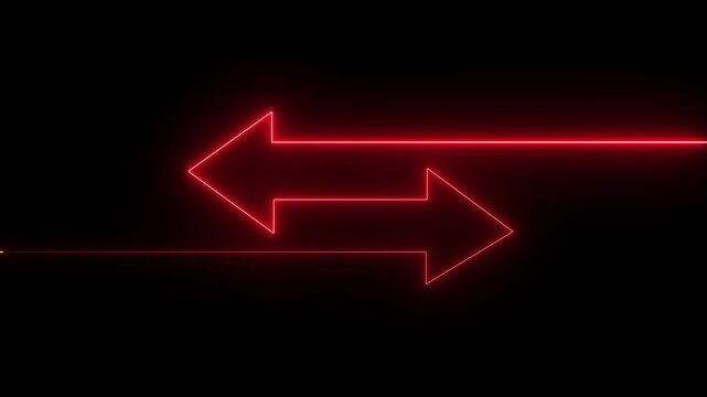 Glowing neon red color direction left and right arrow icon animation neon sign signal information,two neon-style arrows pointing in opposite directions sign symbol on black background