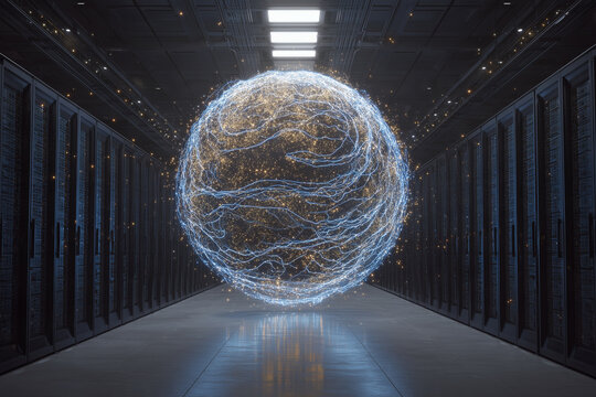 Global Cloud Computing Data Network Sphere in Modern Server Room Facility