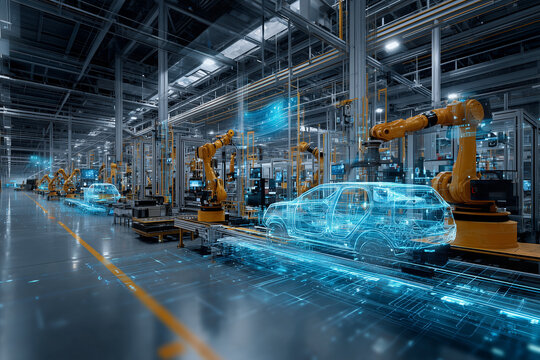 Digital Twin Concept in Smart Factory with Holographic Wireframe Machinery and Robotic Arms