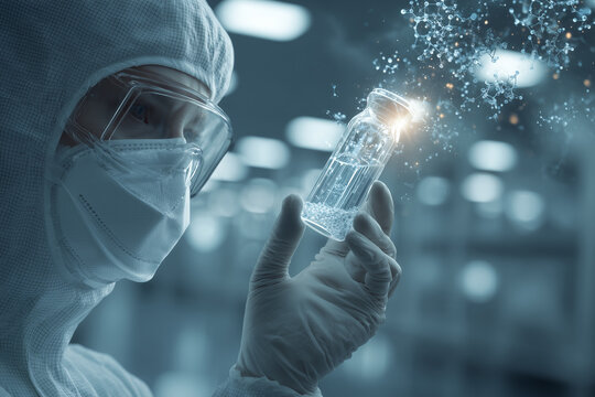 Pharmaceutical Research Scientist Holding Vaccine Vial in Cleanroom Laboratory