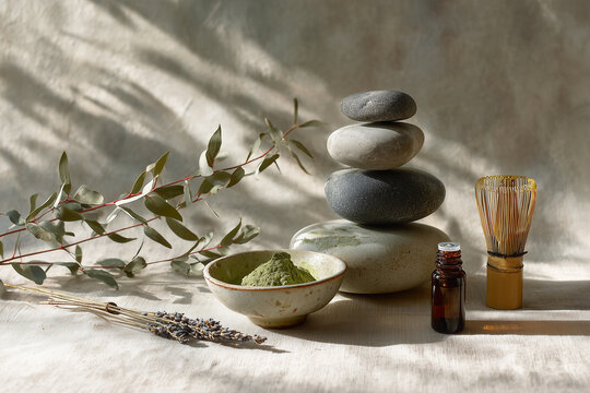 Holistic Wellness Still Life with Essential Oils Stones and Herbs for Meditation Spa and Health