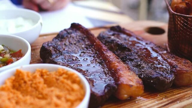 Grilled Brazilian picanha beef steak served with farofa on wooden board