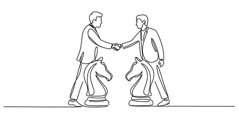 Two businessmen shaking hands while standing on chess knight pieces isolated line art drawing representing business strategy isolated on transparent background, Vector © Vector Line King
