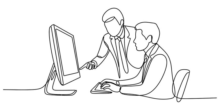 Continuous single line drawing of two business men working together on a computer screen in an office meeting setting isolated on transparent background, Vector