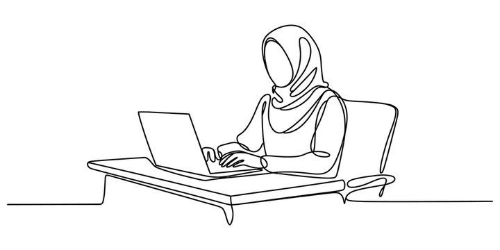 Continuous single line drawing of a woman wearing a hijab sitting at a desk and working on her laptop computer at the office isolated on transparent background, Vector