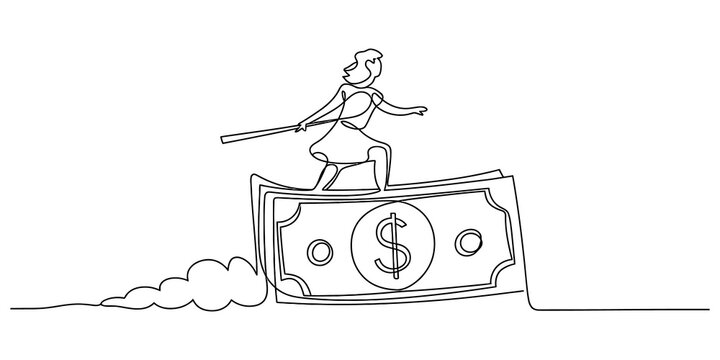 One continuous line drawing of a business person standing on a large dollar bill money note concept isolated on white isolated on transparent background, Vector