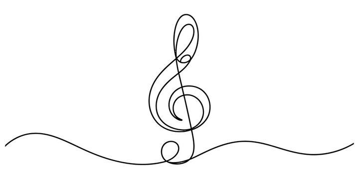 Black treble clef music note symbol drawn with one continuous line on a plain white background for musical design isolated on transparent background, Vector