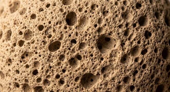 Macro close up of porous beige stone with round cavities and fine pitted structure, natural weathered mineral surface - Geology and organic texture background