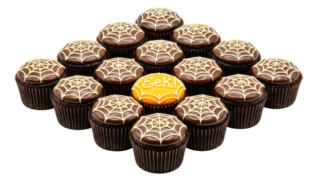 Delicious chocolate cupcakes with spooky spiderweb icing and one orange eek cake on transparent background