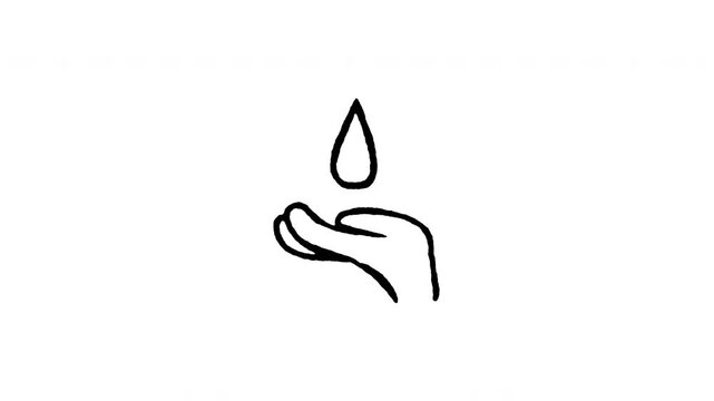 Animated doodle icon of a hand catching a falling water drop representing water conservation.
