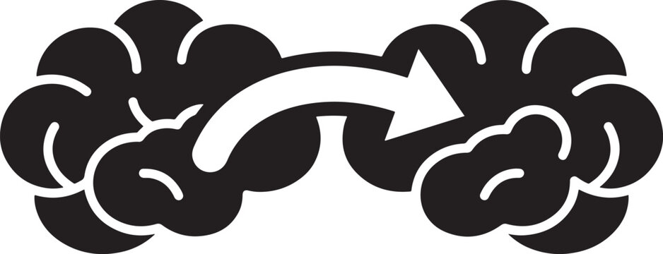 Two brains connected by an arrow representing communication and knowledge sharing with brain connection communication icon thought exchange ideas transfer mental interaction