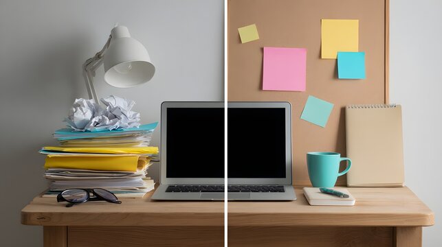 Messy and Organized Home Office Desk Before and After Productivity Concept