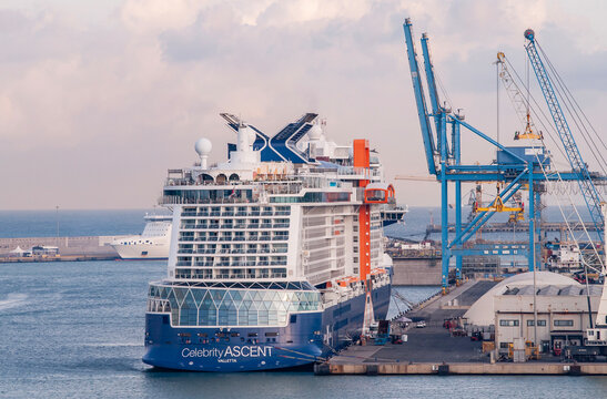 Civitavecchia, Italy- September 18, 2026: Cargo and cruise port and Luxury cruise ship Celebrity Ascent of the company Celebrity Cruises moored at the port at Civitavecchia, Italy