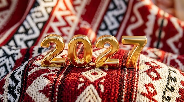 Traditional Khaleeji Sadu Fabric Pattern with Golden 2027 Numbers