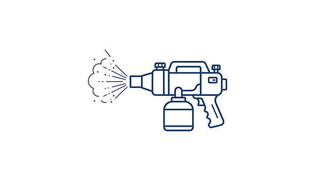 A blue outline icon of a handheld fogging machine emitting a mist of disinfectant spray with depicted simple monoline