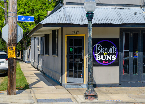 New Orleans, LA, USA - September 23, 2026: Entrance to Biscuits and Buns Restaurant on Maple Street in Uptown New Orleans