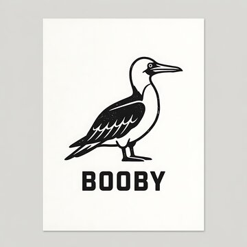 Black and white illustration of a booby bird standing on a plain background