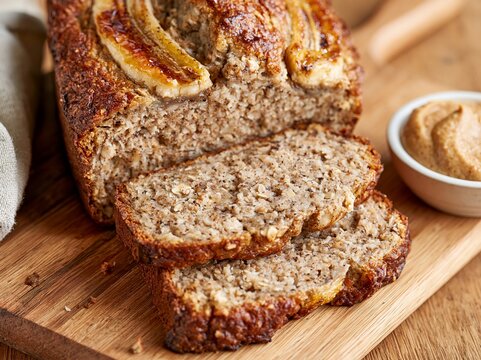 Sliced banana oat loaf with caramelized banana topping on a wooden cutting board beside a small bowl of spread, close up food still life