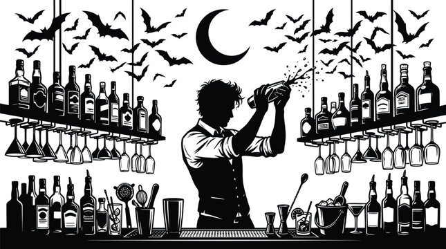 Skilled bartender shaking cocktails in moody halloween bar with flying bats overhead illustration