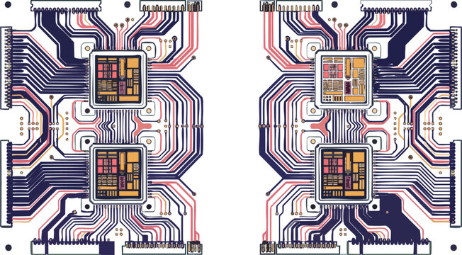 Detailed top view of a complex printed circuit board with integrated electronic microchip components