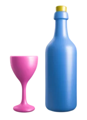 Blue bottle with cork and pink wine glass icons isolated © Yingko