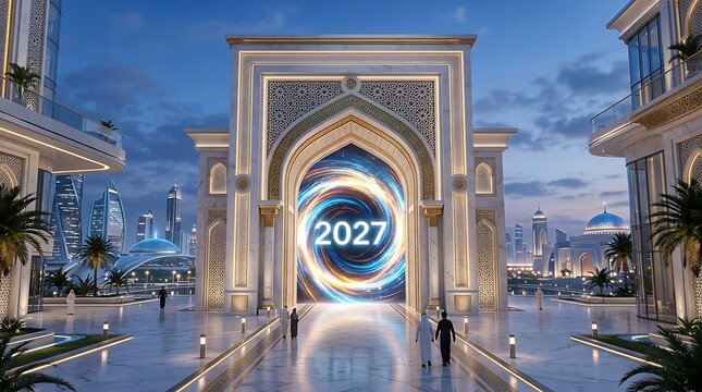 Futuristic Arabian Archway with Glowing 2027 Portal Modern Design