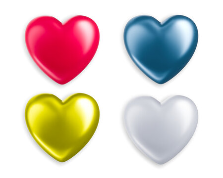 Four heart icons in red blue gold and silver colors