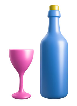 Blue bottle with cork and pink wine glass icons isolated