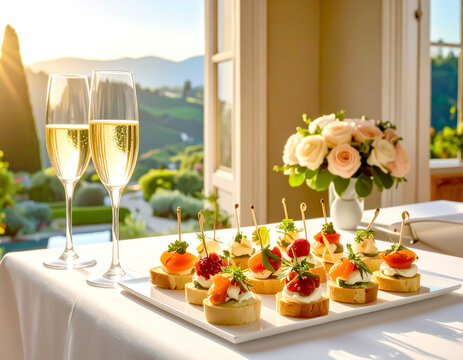 Eleganter Sektempfang mit Fingerfood und festlich gedecktem Tisch