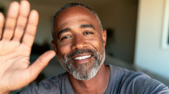 Friendly middle-aged portrait of a man greeting the camera with a wave